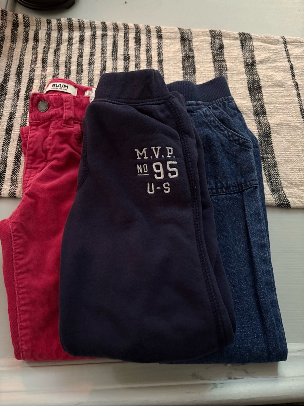 Ruum Pink Corduroy, Navy MVP Sweatpants & Blue Denim Joggers